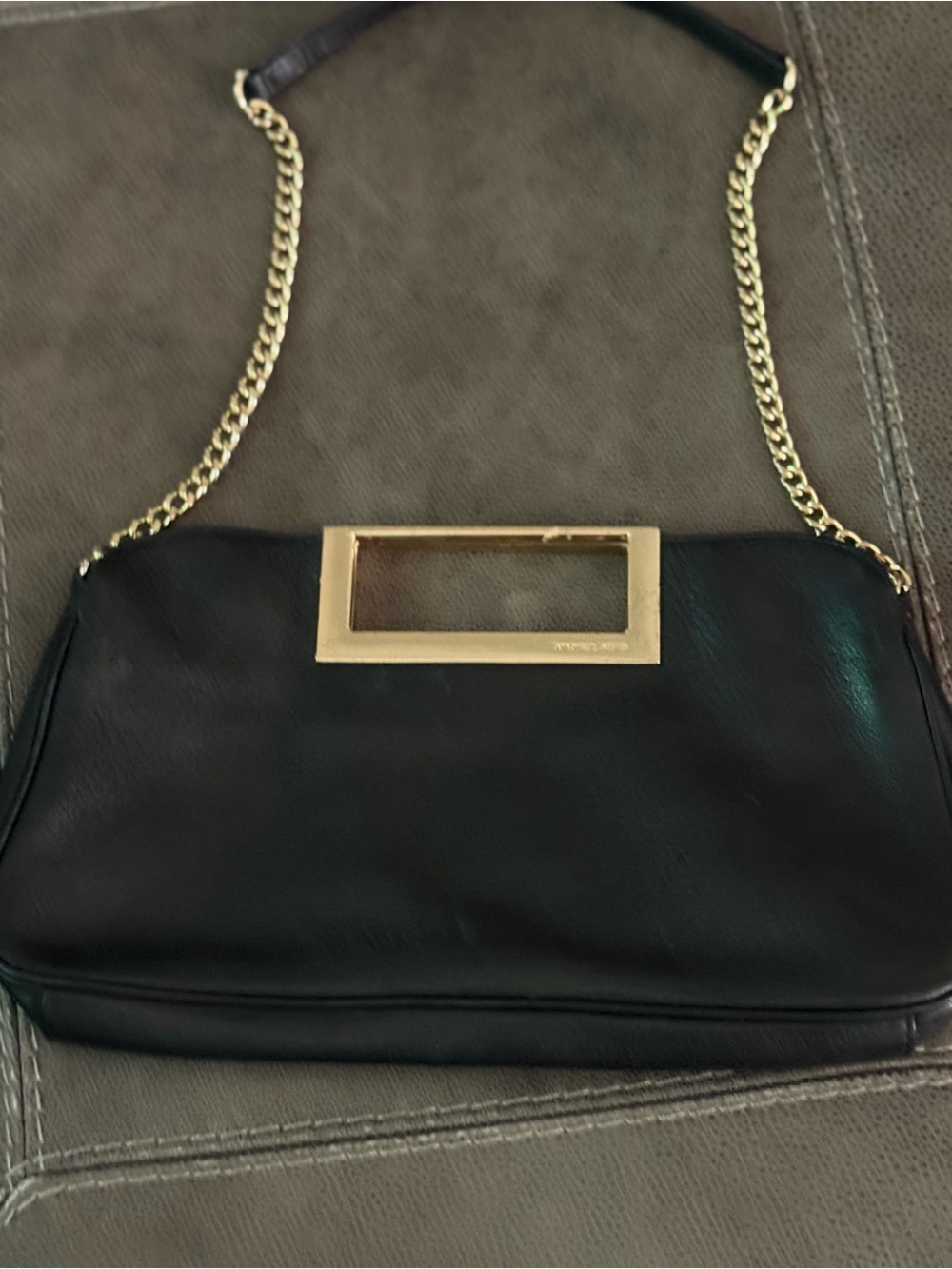 Michael Kors Black Leather Clutch with Gold Chain